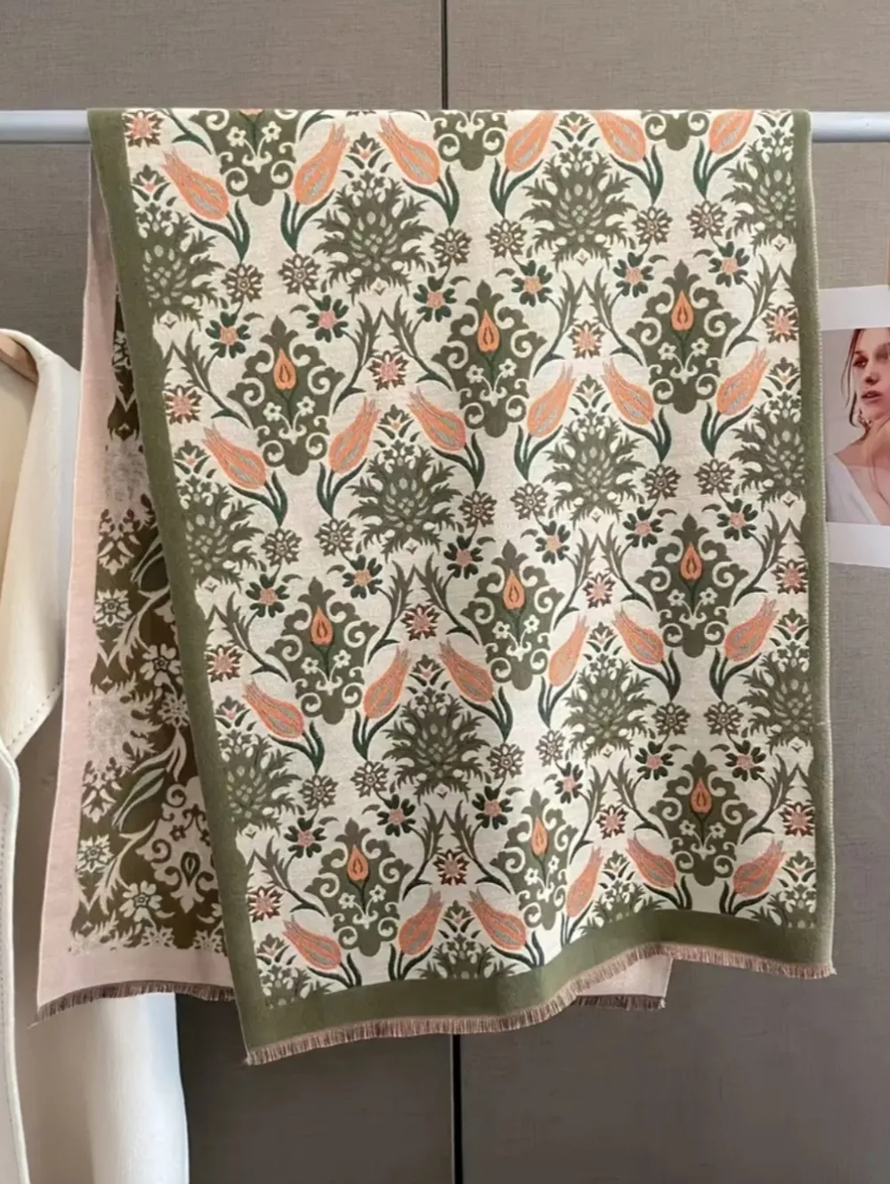 NEW! Floral Olive & Sunset Cashmere-Feel Shawl Scarf XL - Picture 3 of 5